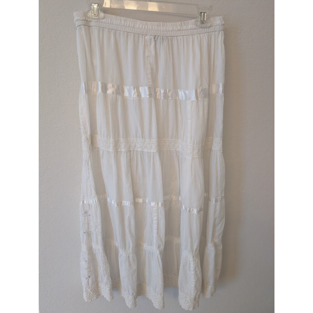 Tiered white embellished skirt Cotton BOHO Fairycore Sz L